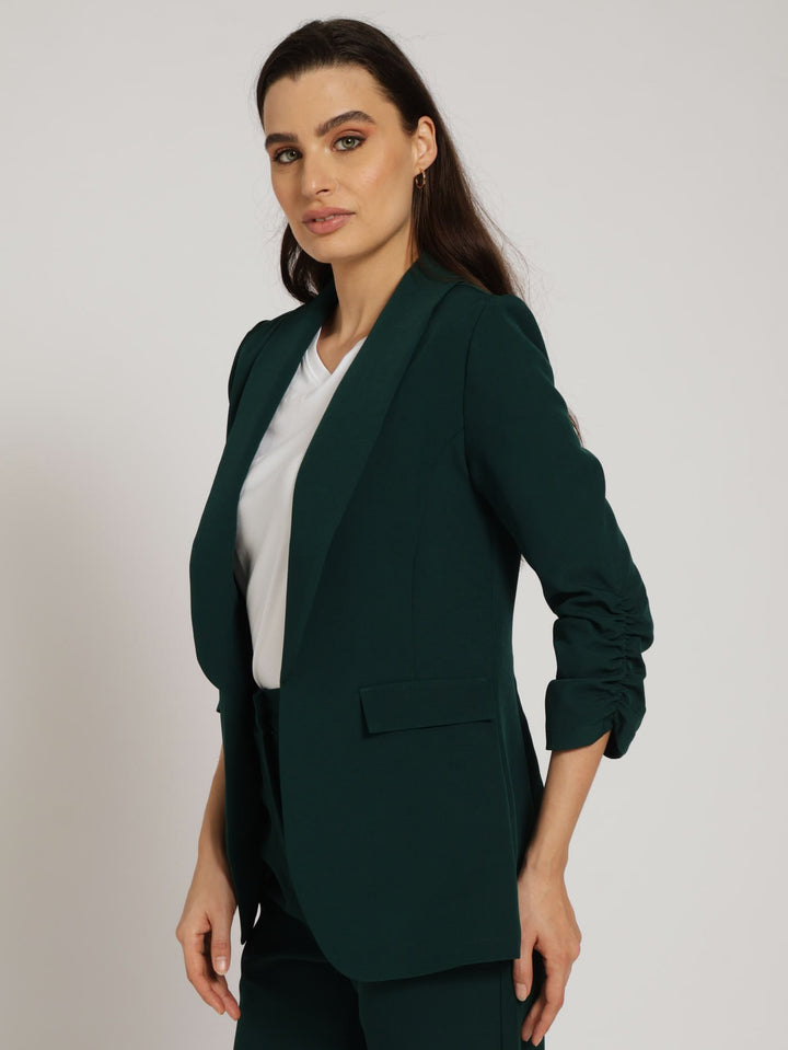 Half Lined Ruched Sleeve Blazer - Dark Green