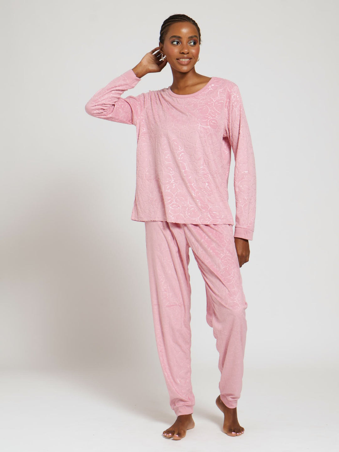 Pink Womens Cotton Pajamas Long Sleeve Ladies Long Sleeve Embossed