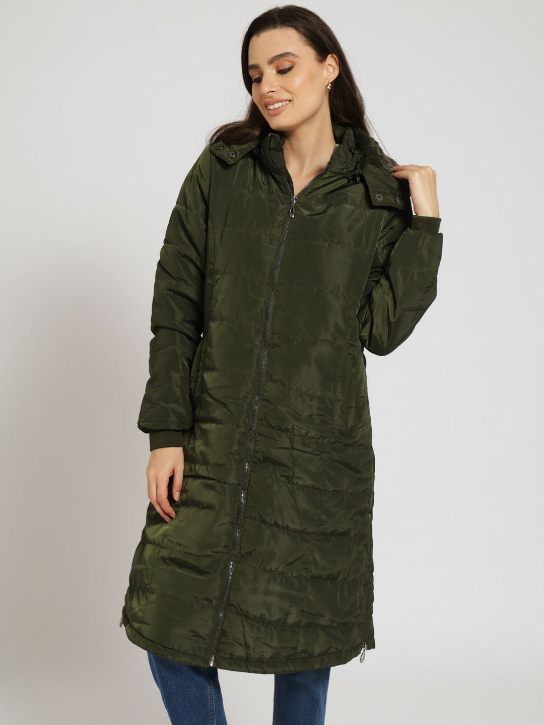 Padded Puffer Jacket With Detachable Hood - Olive