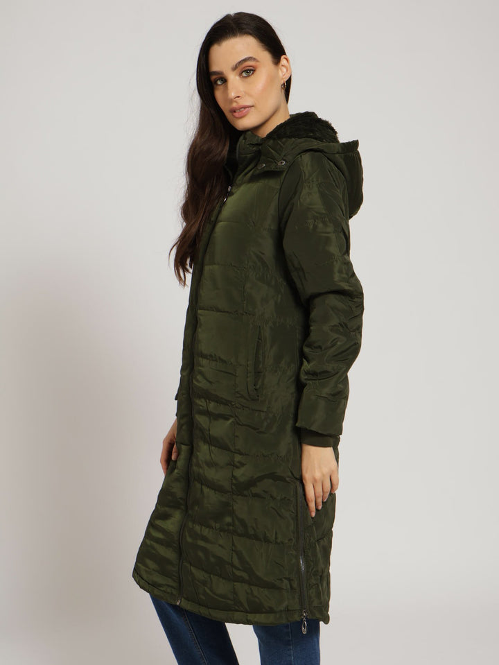 Padded Puffer Jacket With Detachable Hood - Olive
