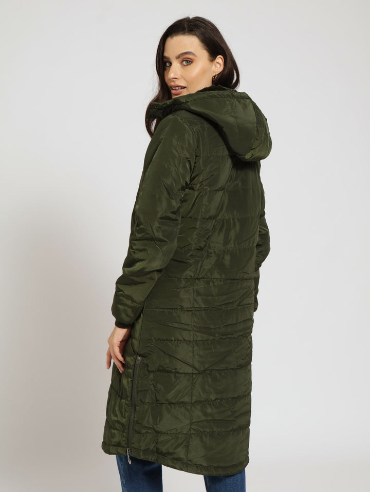 Padded Puffer Jacket With Detachable Hood - Olive