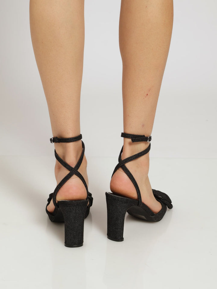 Denim Ankle Strap Court Heel With Bow - Charcoal