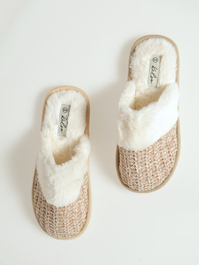 Chenille Closed Toe Slipper With Fur Topline - Stone