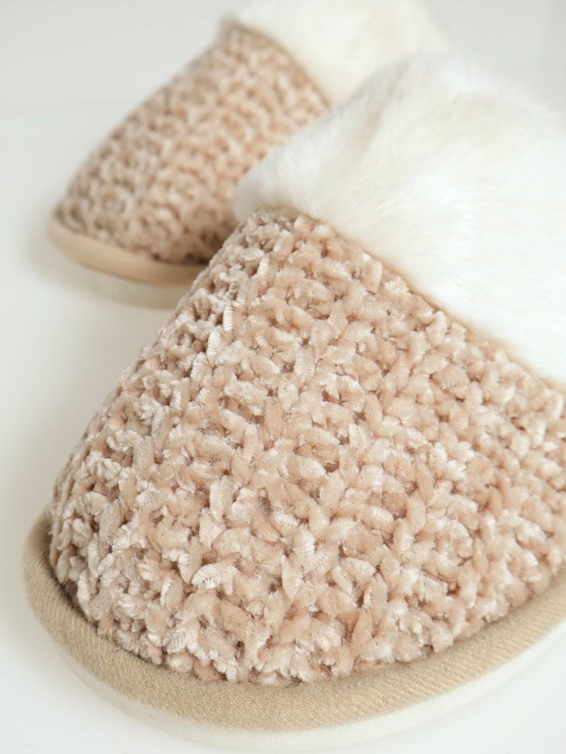 Chenille Closed Toe Slipper With Fur Topline - Stone