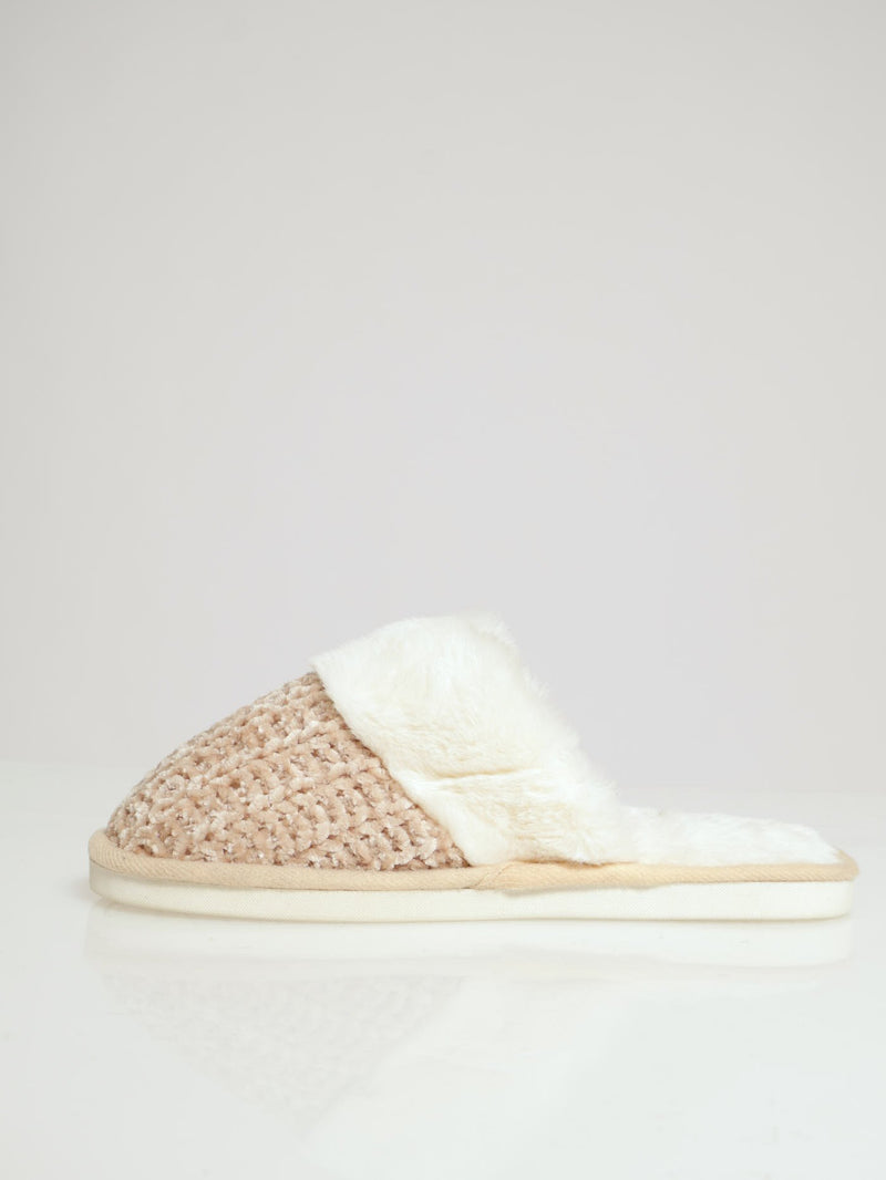 Chenille Closed Toe Slipper With Fur Topline - Stone