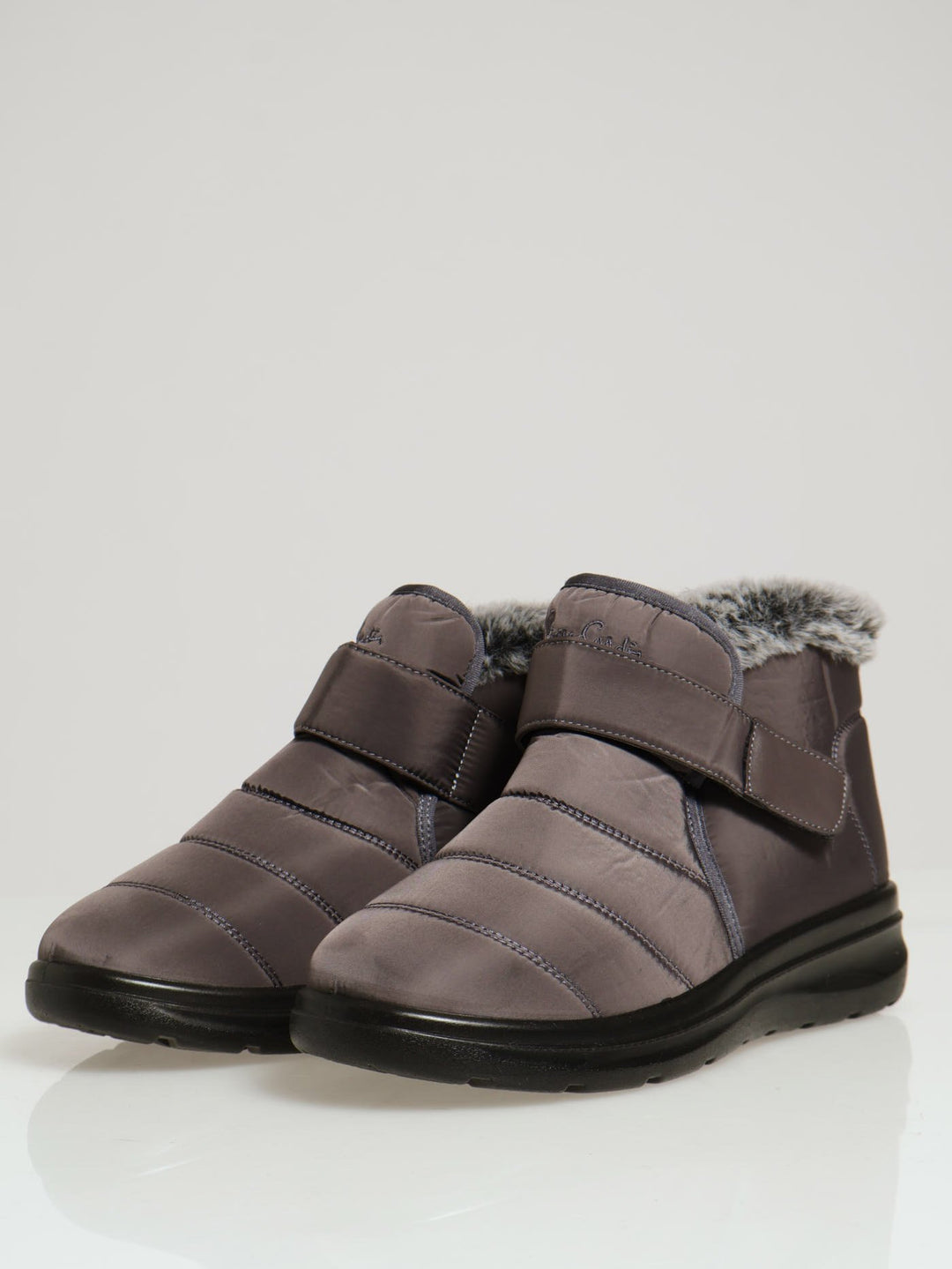 Panelled Nylon Fur Velcro Strap Ankle Boot - Grey