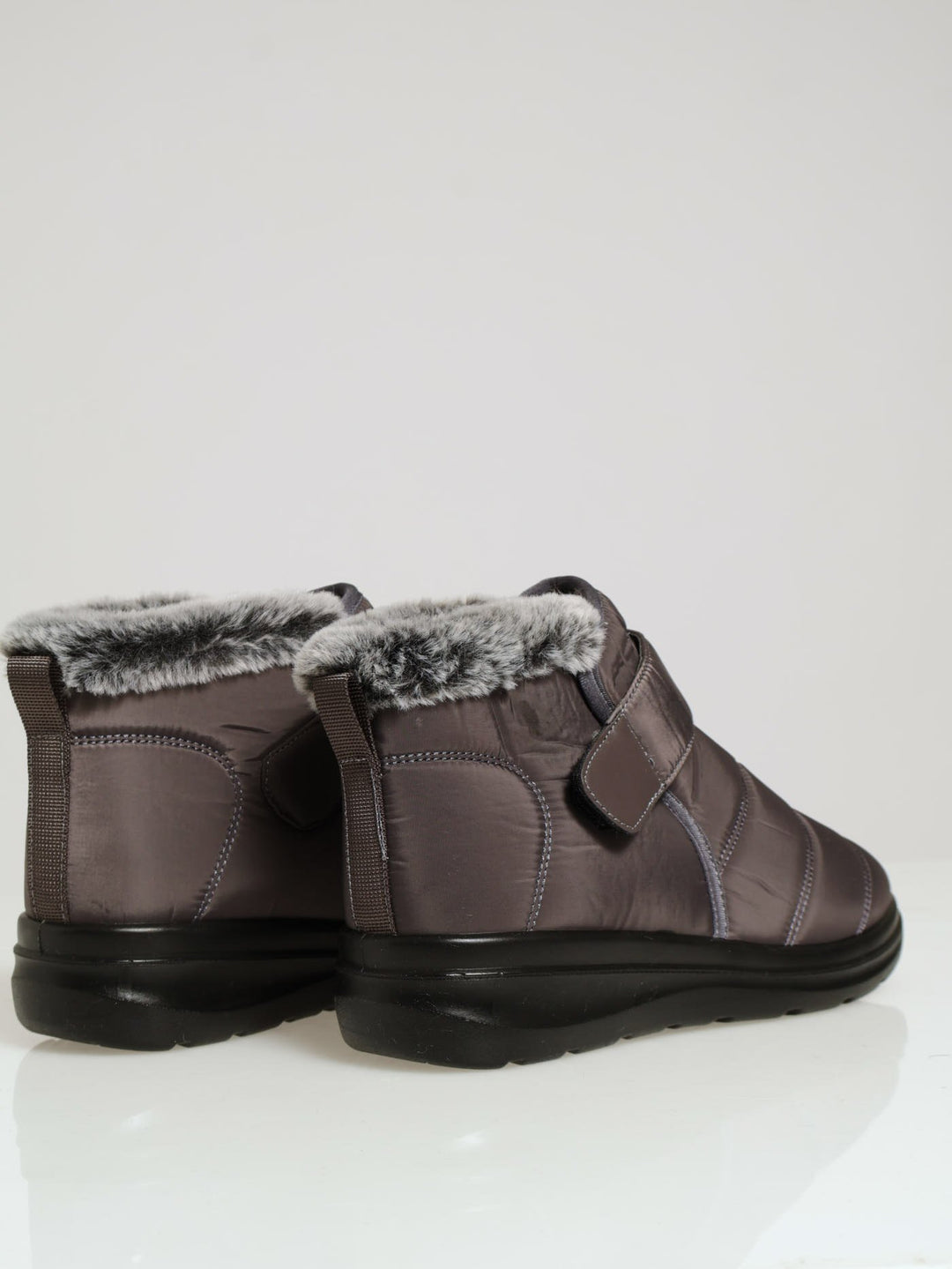 Panelled Nylon Fur Velcro Strap Ankle Boot - Grey