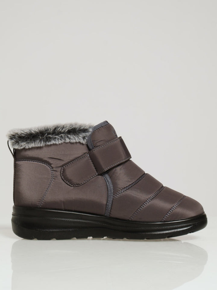 Panelled Nylon Fur Velcro Strap Ankle Boot - Grey