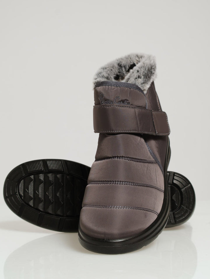 Panelled Nylon Fur Velcro Strap Ankle Boot - Grey