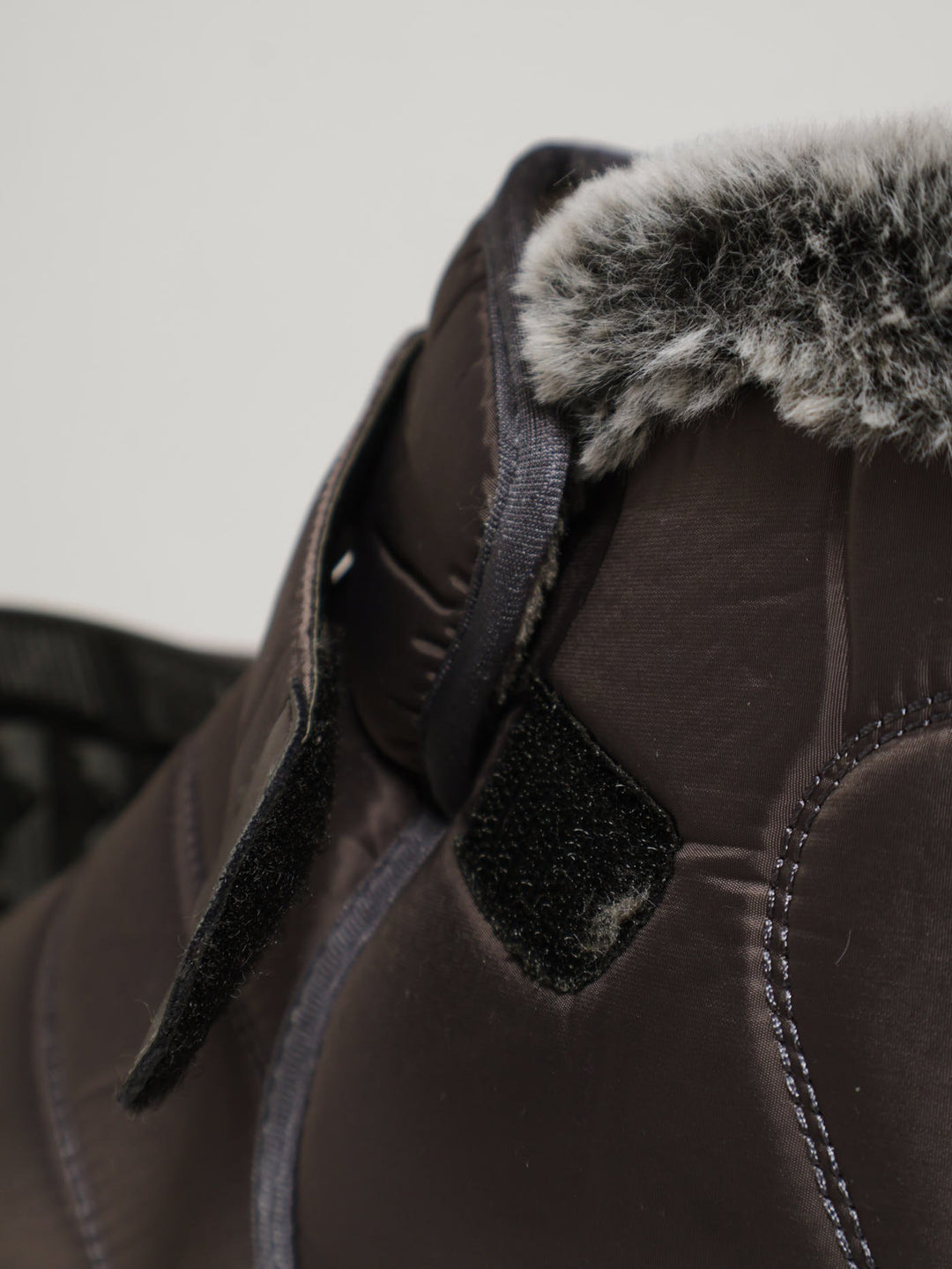 Panelled Nylon Fur Velcro Strap Ankle Boot - Grey