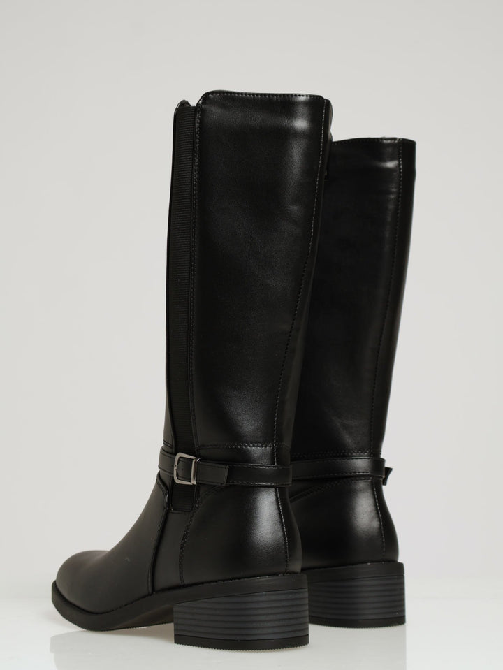 Side Buckle & Elastic Gusset Heeled Long Boots - Black