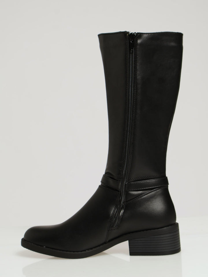 Side Buckle & Elastic Gusset Heeled Long Boots - Black