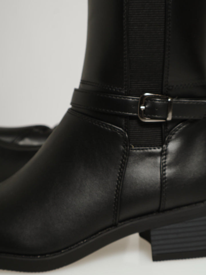 Side Buckle & Elastic Gusset Heeled Long Boots - Black