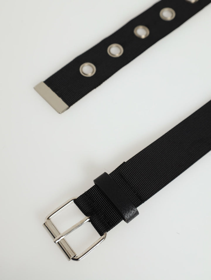 Silver Eyelet Webbing Belt - Black