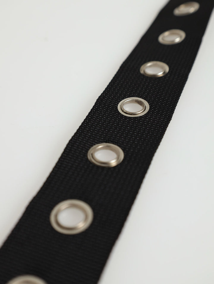 Silver Eyelet Webbing Belt - Black