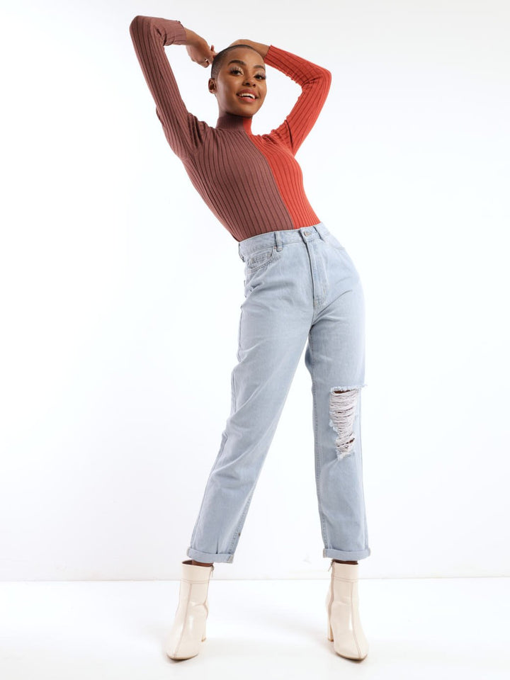 Two-Tone Blocked Crop Pullover - Tan