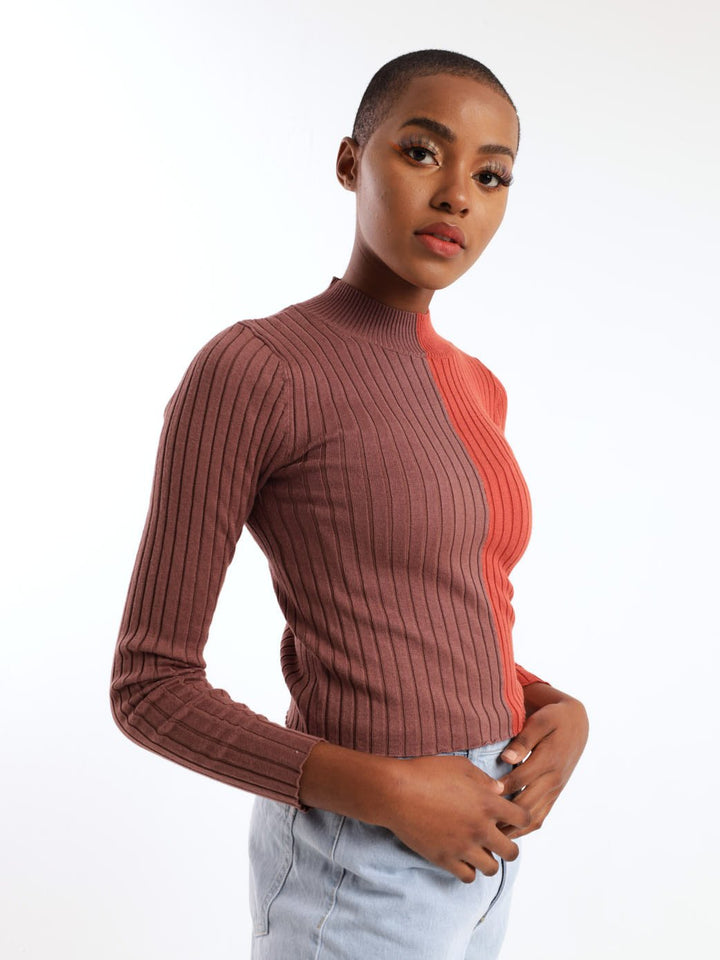Two-Tone Blocked Crop Pullover - Tan