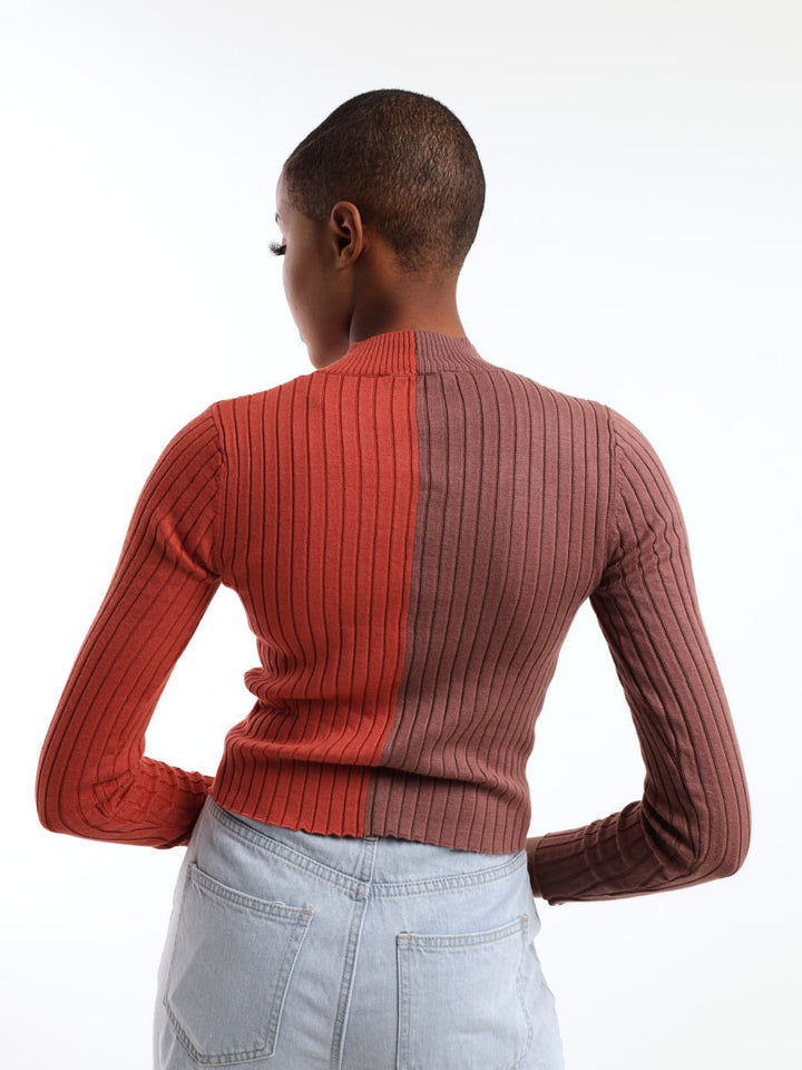 Two-Tone Blocked Crop Pullover - Tan