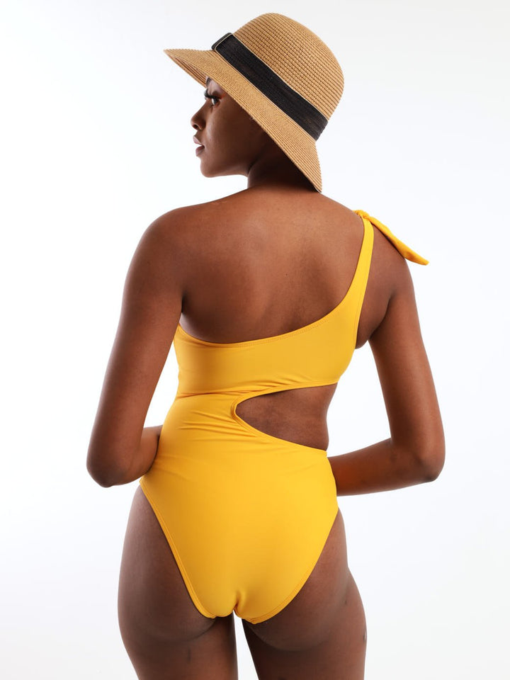 Ladies Side Cut Out One Piece Swimwear - Yellow