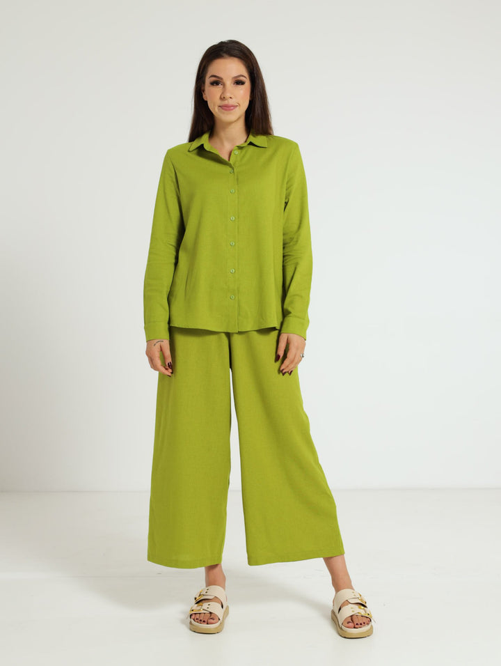 Long SLeeve Linen Shirt With Cuffs - Chartreuse