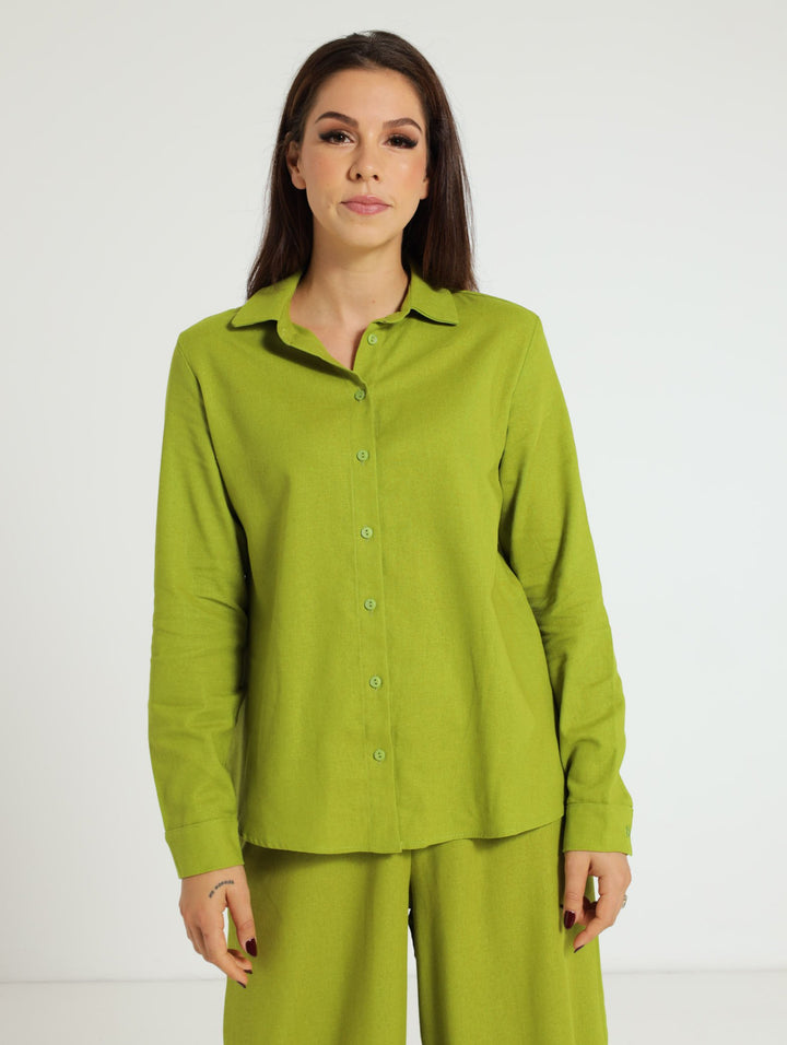 Long SLeeve Linen Shirt With Cuffs - Chartreuse