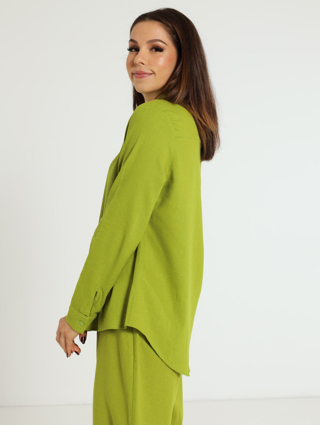 Long SLeeve Linen Shirt With Cuffs - Chartreuse