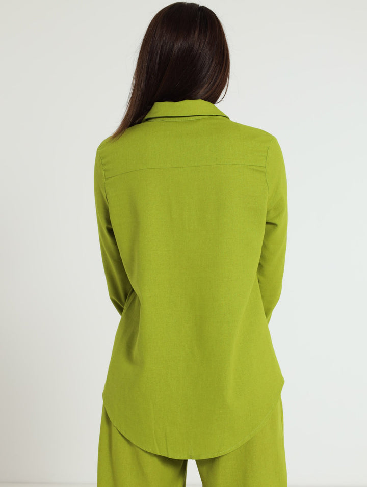 Long SLeeve Linen Shirt With Cuffs - Chartreuse