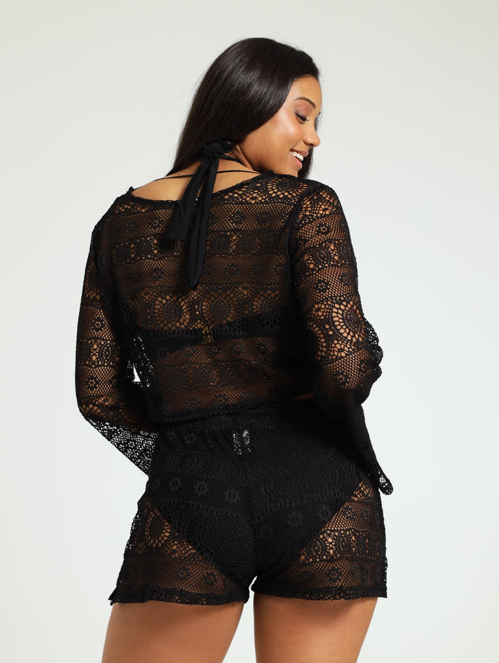 Long Sleeve Crochet Tie Top And Short Set - Black