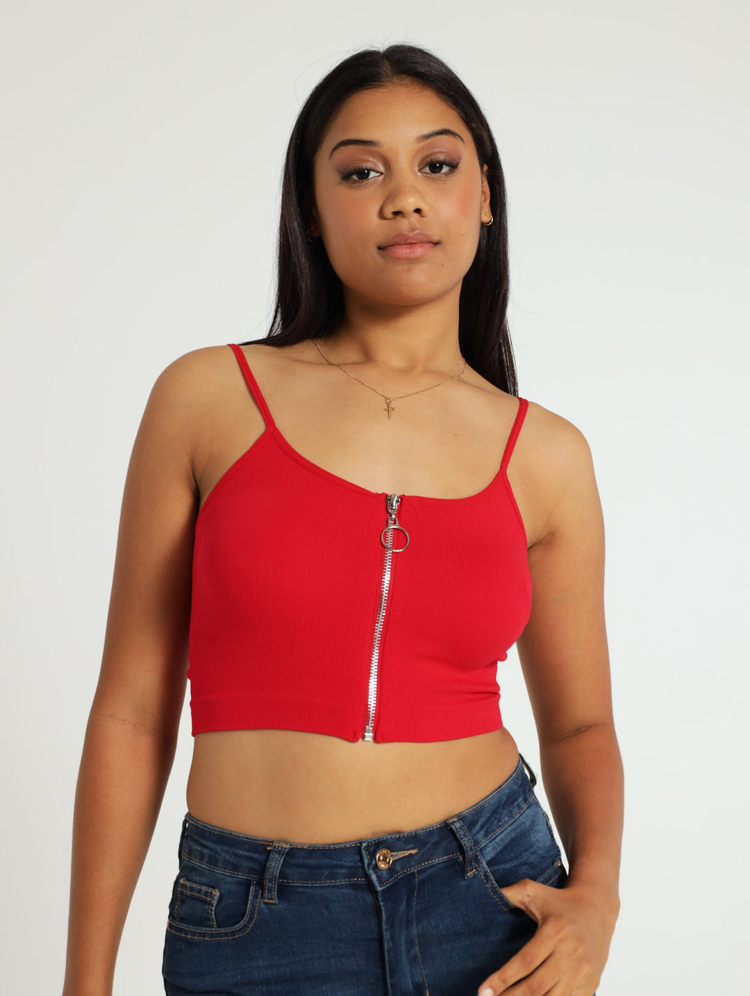 Zip Through Seamless Cami - Red