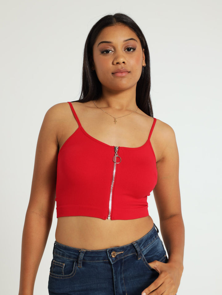 Zip Through Seamless Cami - Red