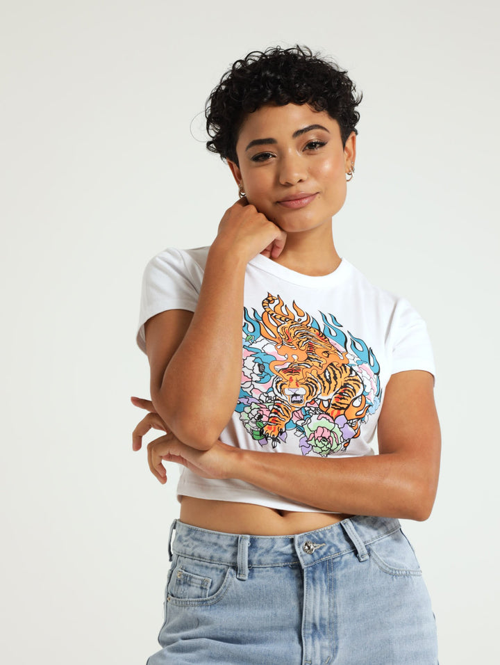 Tiger Flame Baby Tee - White