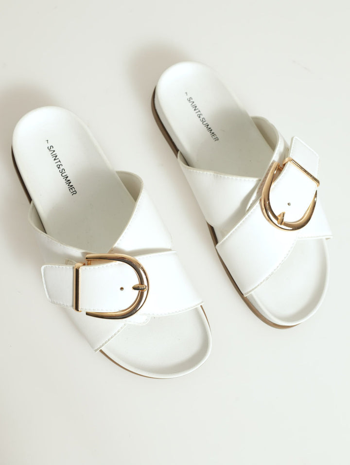 Slice Cross-Over With Big Buckle Mule Slide - White