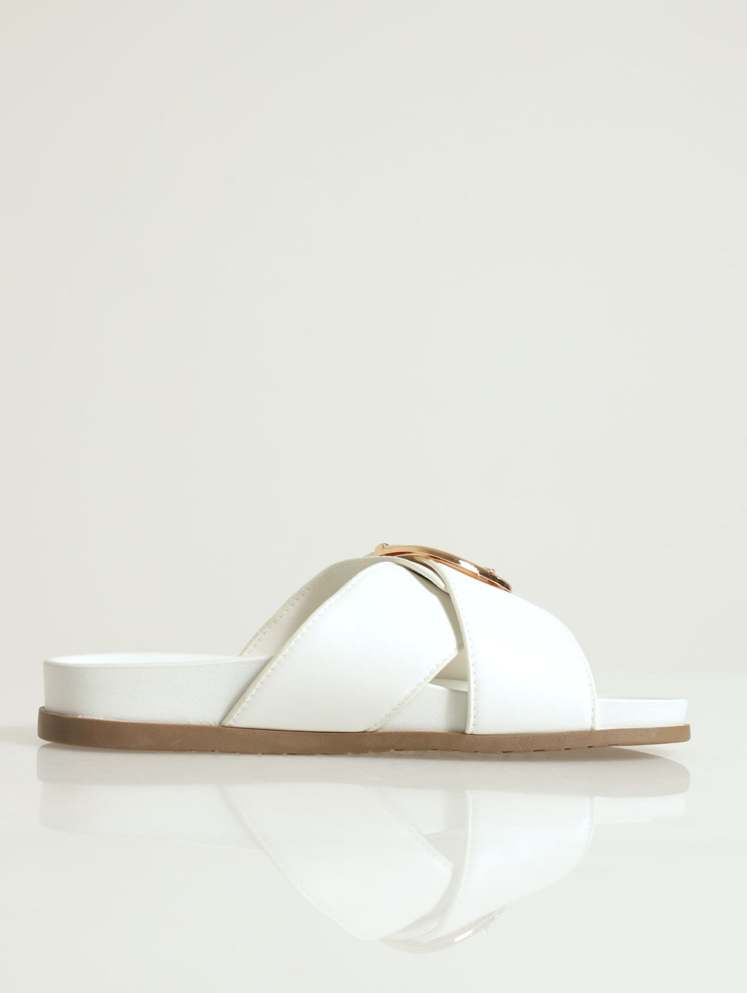 Slice Cross-Over With Big Buckle Mule Slide - White