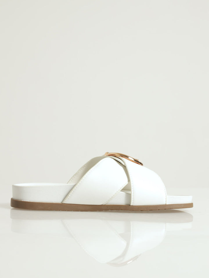 Slice Cross-Over With Big Buckle Mule Slide - White