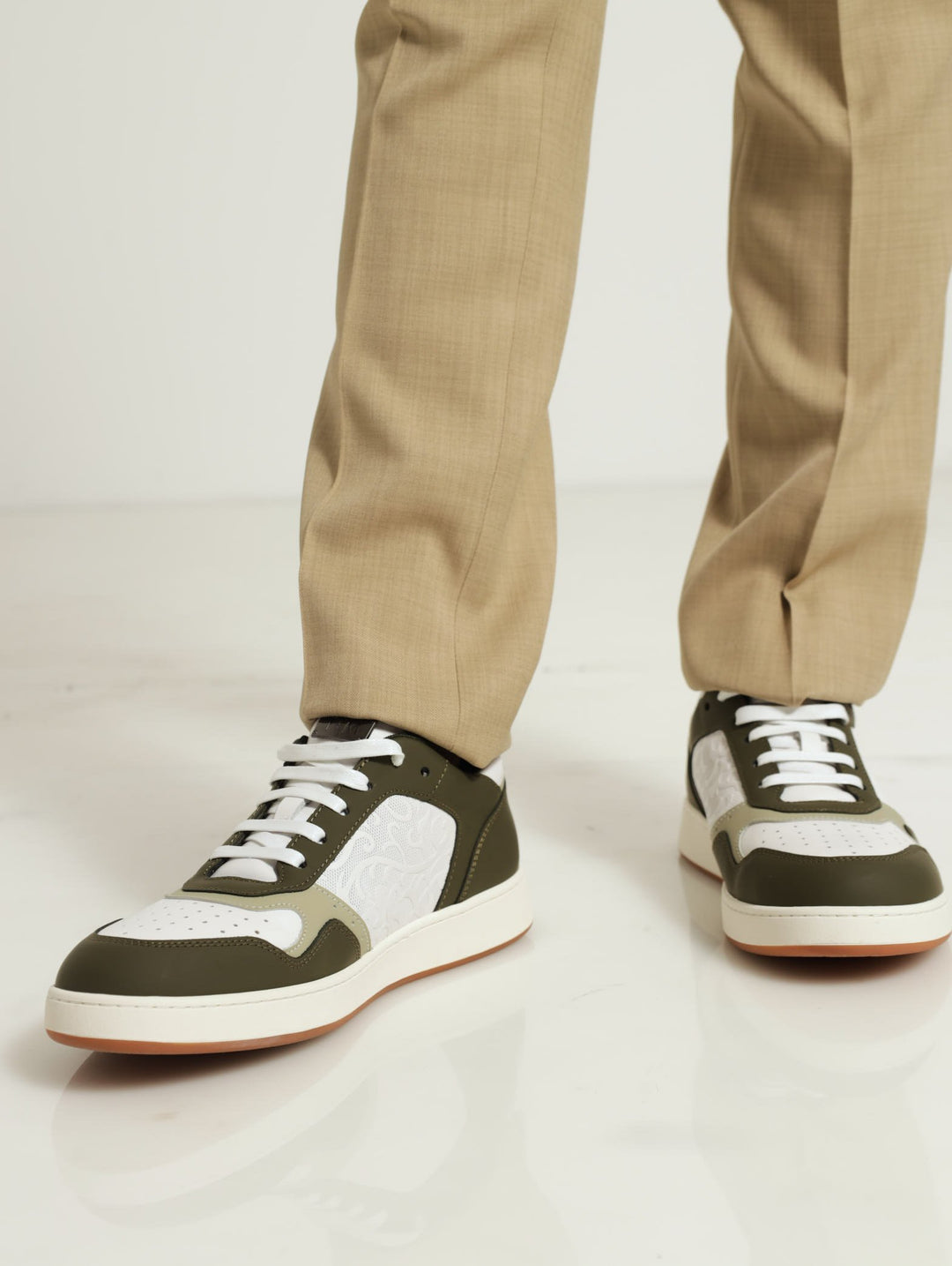 Panelled Sneaker With Embossed Detail - Olive