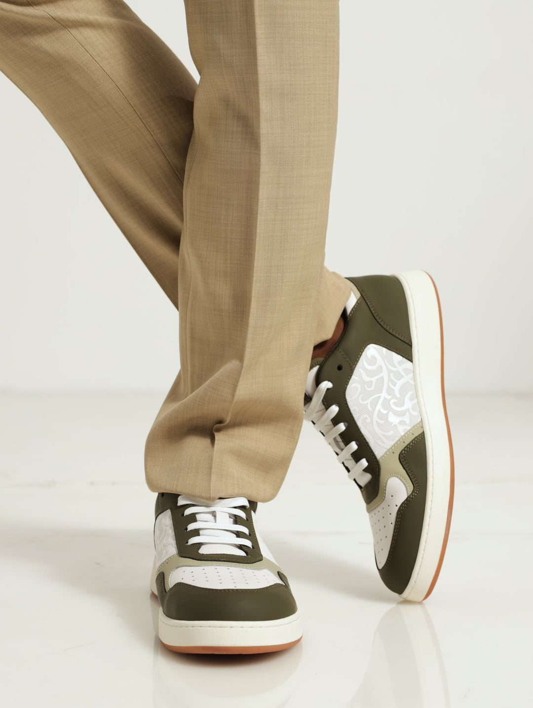 Panelled Sneaker With Embossed Detail - Olive