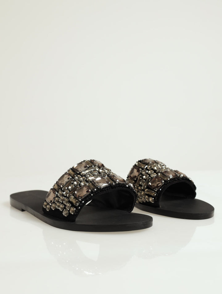 Mila Multi Jeweled Flat Sandal - Black
