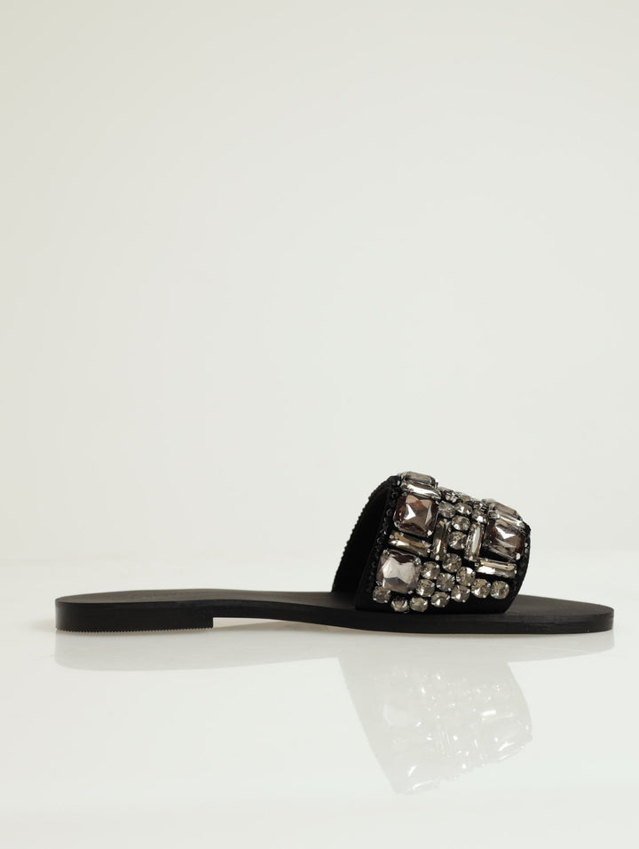 Mila Multi Jeweled Flat Sandal - Black
