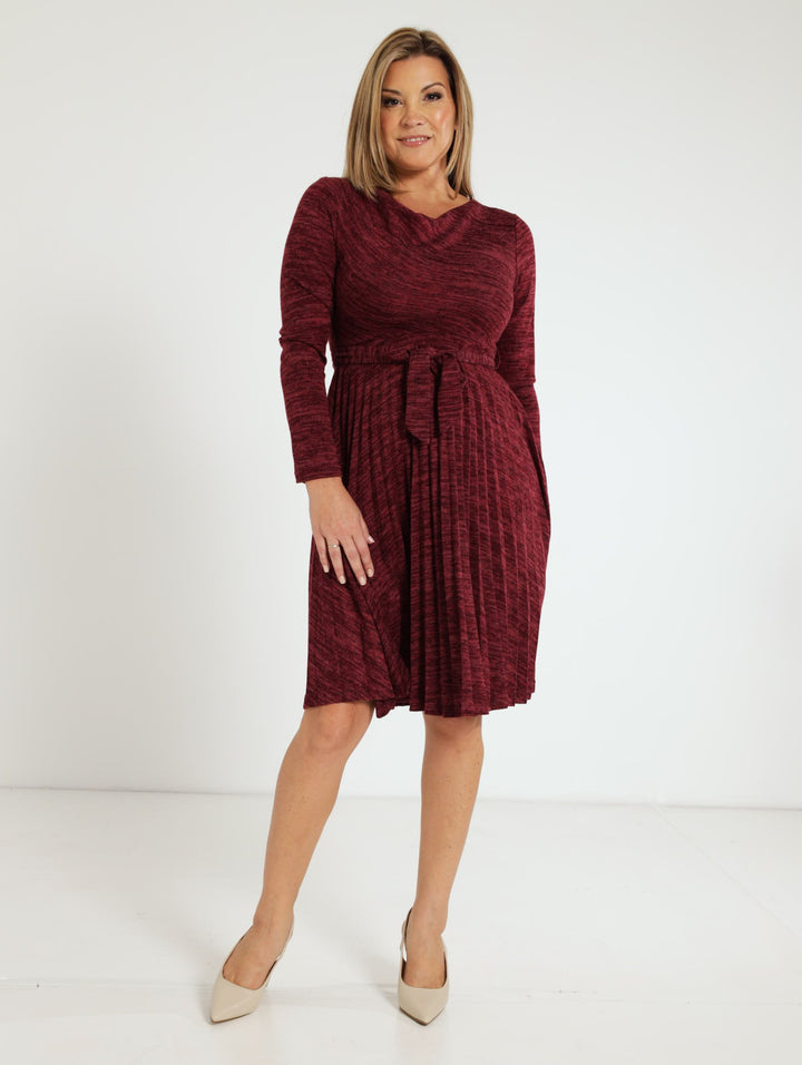 Long Sleeve Pleated Dress - Burgundy