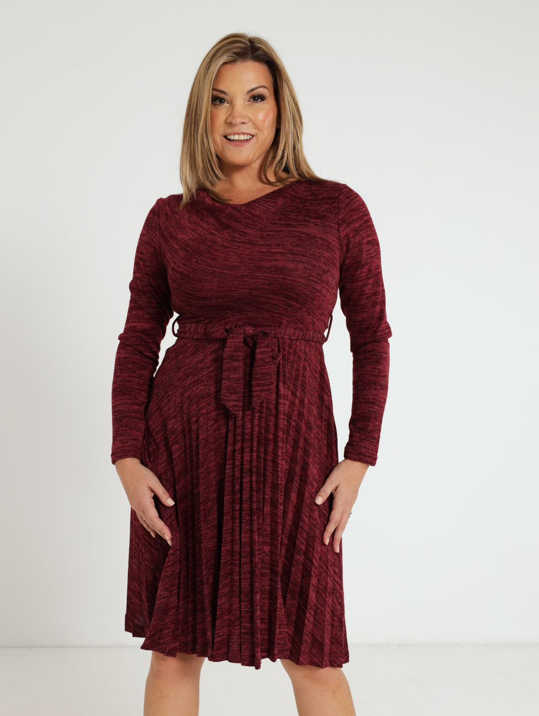 Long Sleeve Pleated Dress - Burgundy