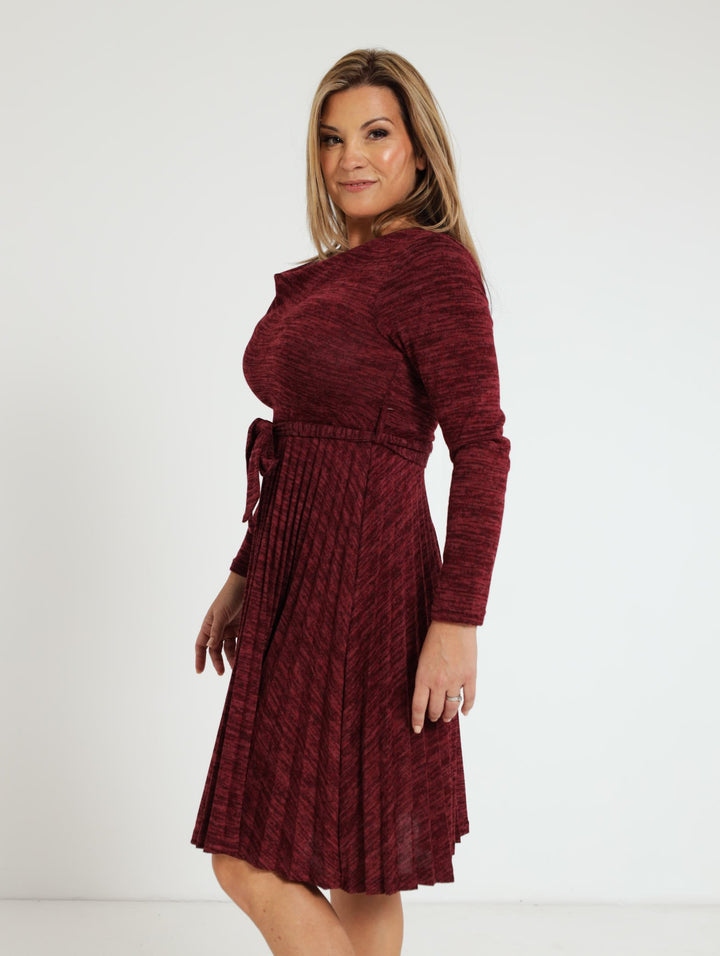 Long Sleeve Pleated Dress - Burgundy