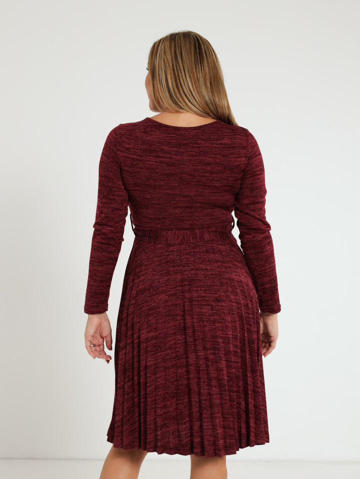 Long Sleeve Pleated Dress - Burgundy