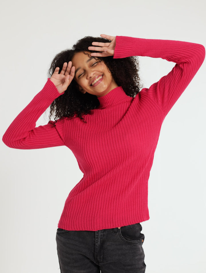 Girls Ribbed Turtleneck - Bright Pink