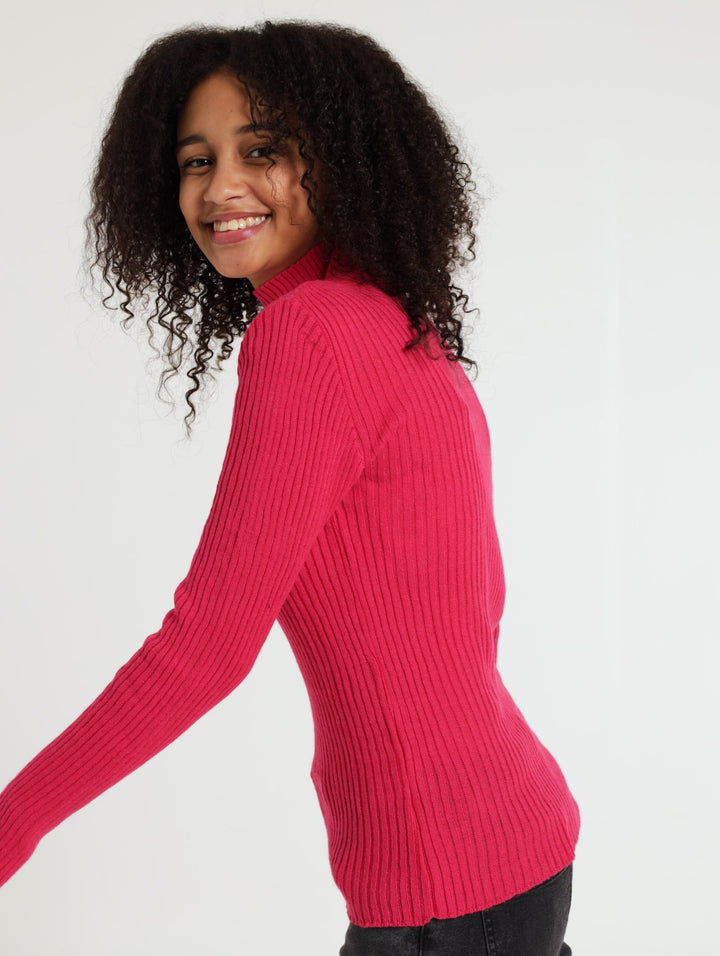 Girls Ribbed Turtleneck - Bright Pink