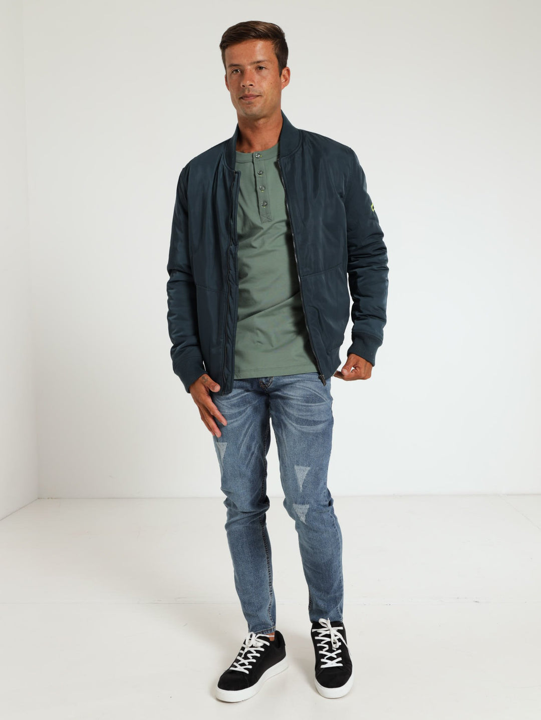 Nylon Fashion Bomber Jacket - Navy