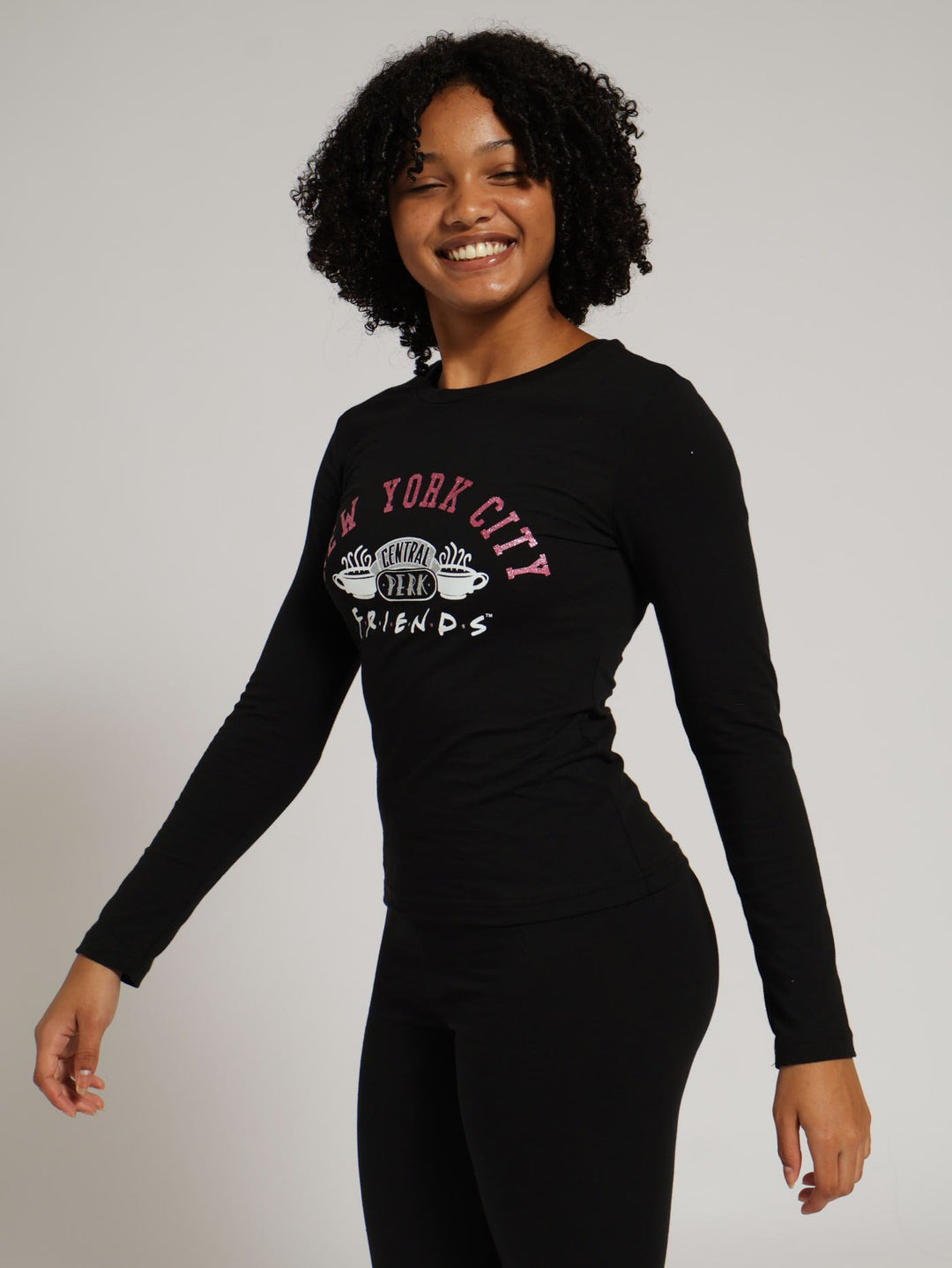 Girls Long Sleeve Friends Print Tee - Black