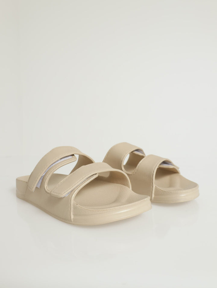 Double Strap Moulded Slide With Velcro - Stone