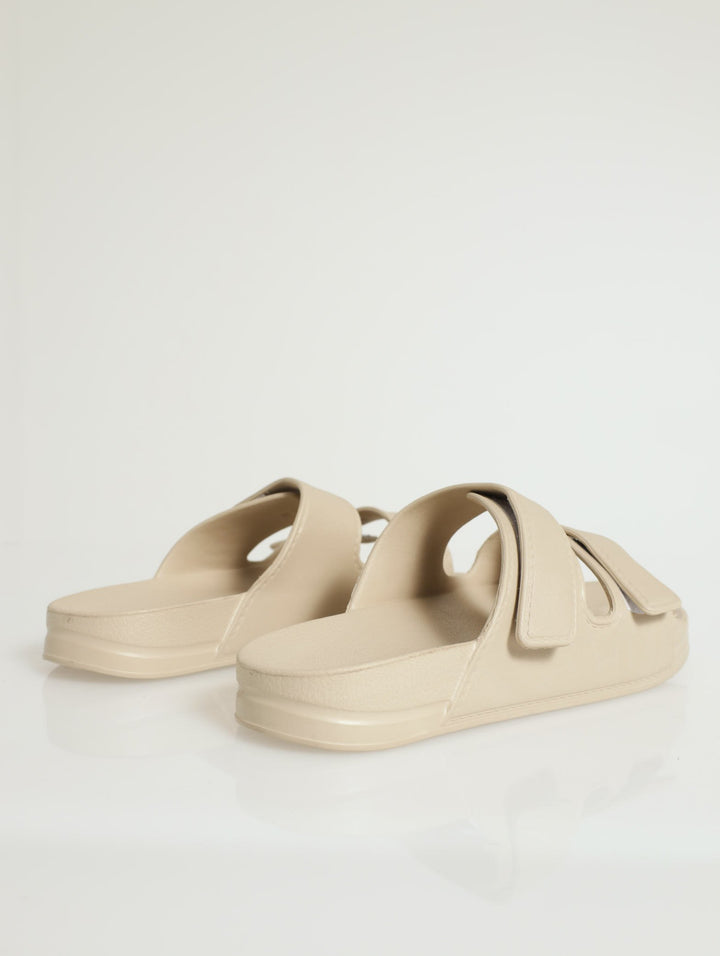 Double Strap Moulded Slide With Velcro - Stone