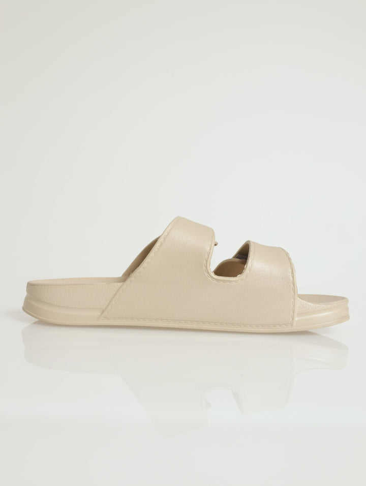 Double Strap Moulded Slide With Velcro - Stone