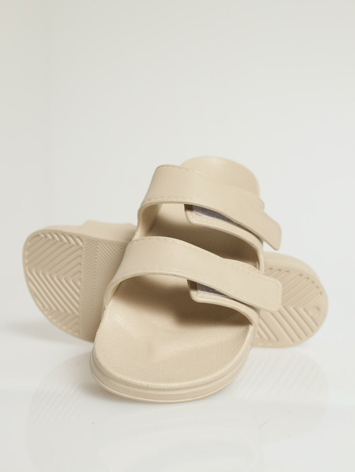 Double Strap Moulded Slide With Velcro - Stone